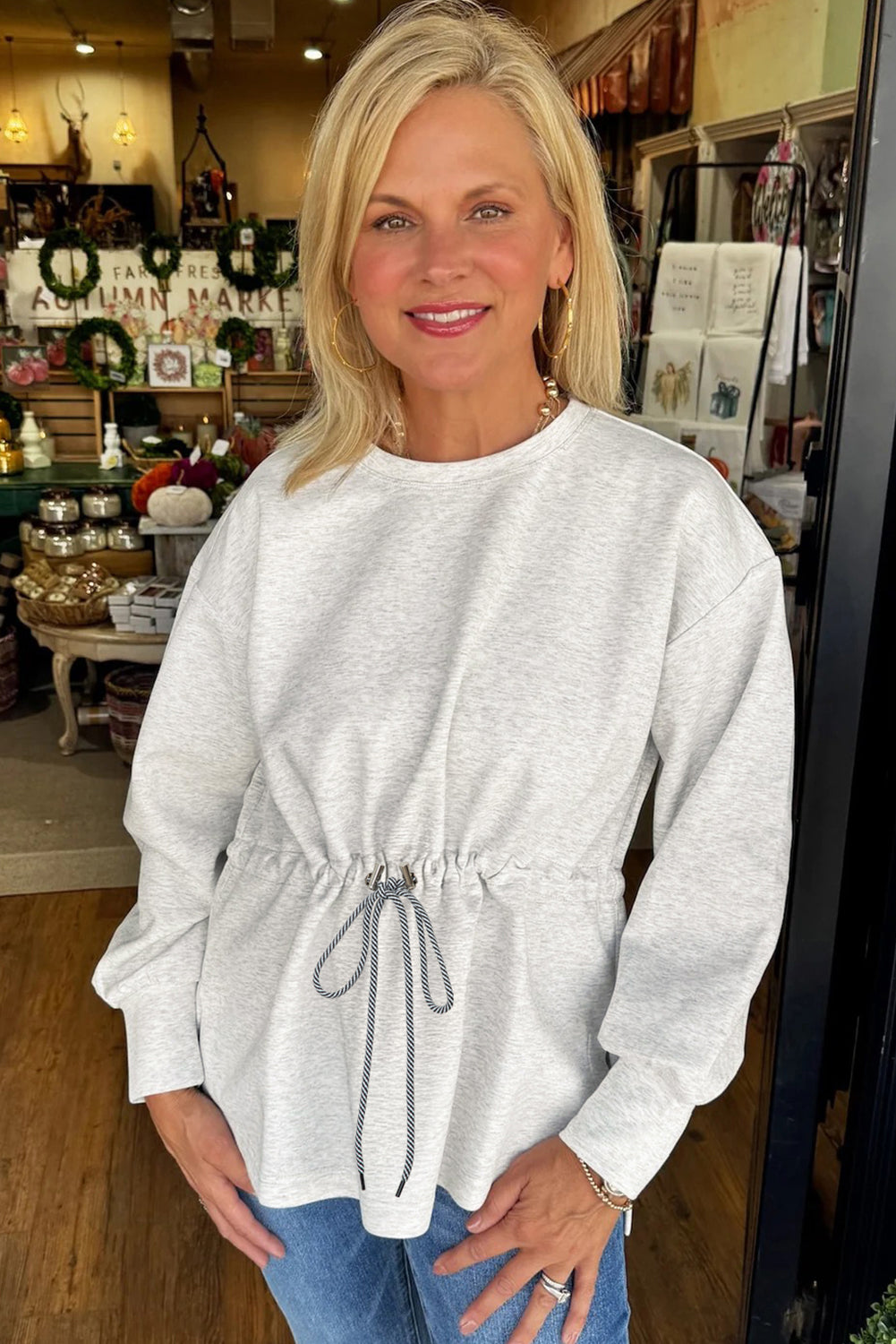 Light Grey Drawstring Waist Tunic Sweatshirt Long Sleeve For Women Cozy Relaxed Fit Soft Fleece Dear-Lover Dropshipping